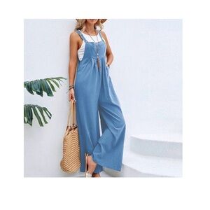Casual Women’s Small Wide-Leg Blue Jumpsuit-Lightweight Summer Romper adorable